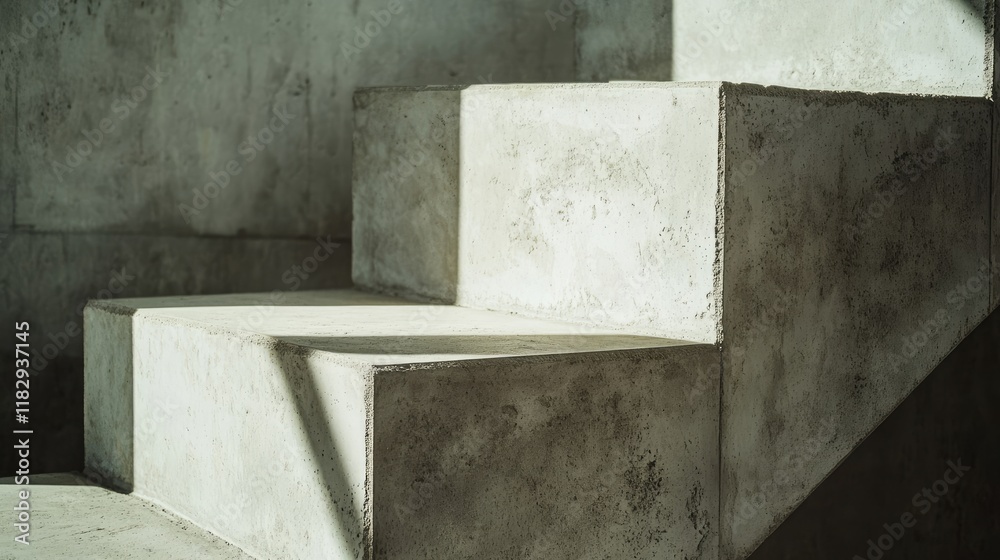 Poster close-up of a minimalist concrete cube arrangement, where shadows cast a dramatic and abstract geome