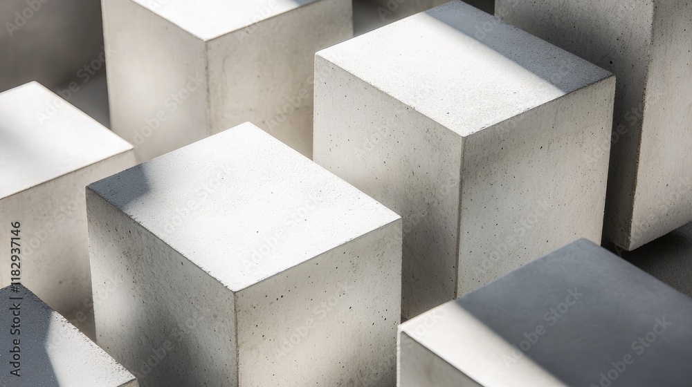 Poster close-up of a minimalist concrete cube arrangement, where shadows cast a dramatic and abstract geome