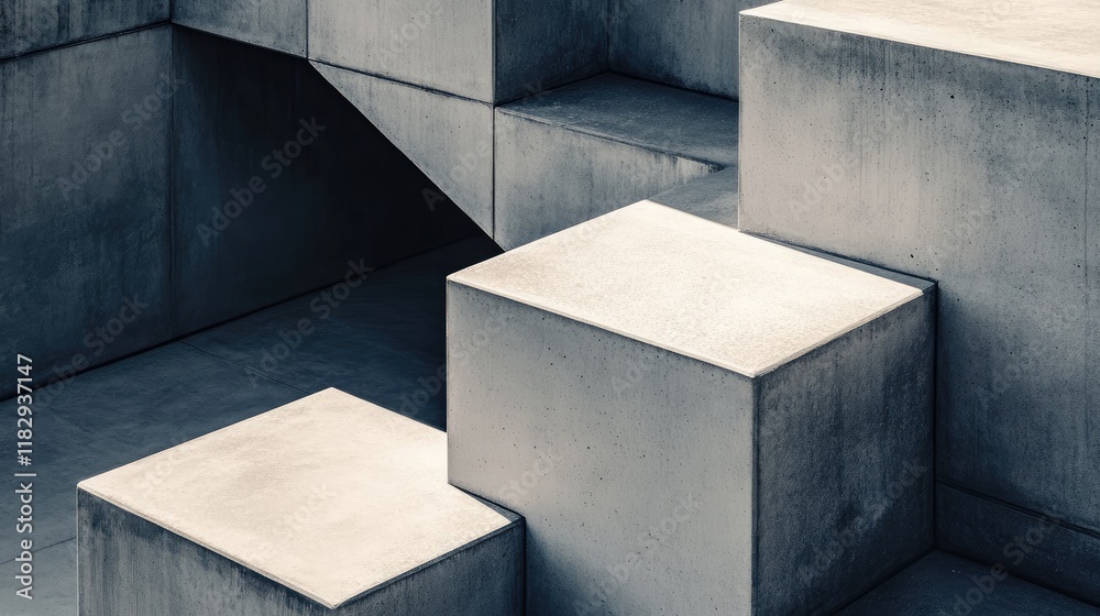 Poster close-up of a minimalist concrete cube arrangement, where shadows cast a dramatic and abstract geome