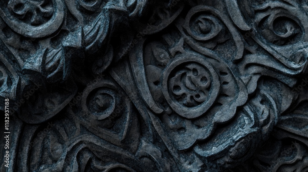Poster Close-up of black textured fabric with an intricate, detailed pattern, showcasing the depth and complexity of the design.