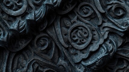 Close-up of black textured fabric with an intricate, detailed pattern, showcasing the depth and complexity of the design.