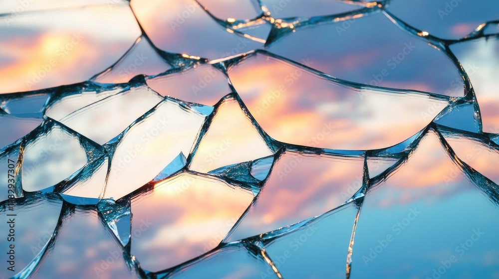 Poster Close-up of cracked mirror pieces on a white surface, each fragment reflecting the vibrant sky, creating an abstract and captivating scene.
