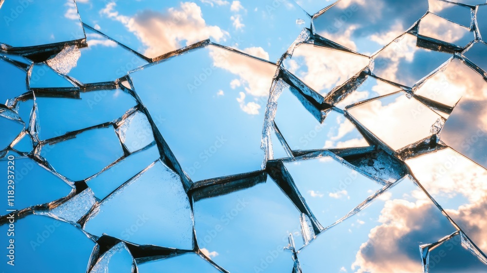 Aufkleber Close-up of cracked mirror pieces on a white surface, each fragment reflecting the vibrant sky, creating an abstract and captivating scene.