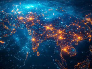 Fototapeta premium digital map of Southeast Asia illuminated by glowing nodes, showcasing connectivity and
