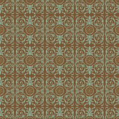 Vintage brown and teal damask seamless pattern with ornate floral scrolls. Ideal for retro wallpaper, textiles, decorative prints, and classic designs.