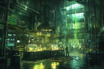 Circuit board, with glowing LED lights, bright fluorescent light, tech lab setting.