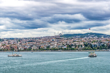 Obraz premium Istanbul, Turkey. Bridge connects Europe on the left to Asia on the right. Strait connects Mediterranean to Black Sea.