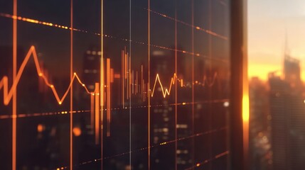 Financial Market Data Visualization at Sunset Over Cityscape: A Dynamic Stock Market Graph Displayed on a Screen Against a Stunning Evening Urban Background