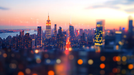 Blurry network interface with arrows pointing up over New York city panorama background. Concept of smart city and internet connection.