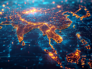 digital map of Southeast Asia with glowing nodes and connections