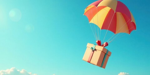 A Gift Descends from the Sky via Parachute on a Sunny Day