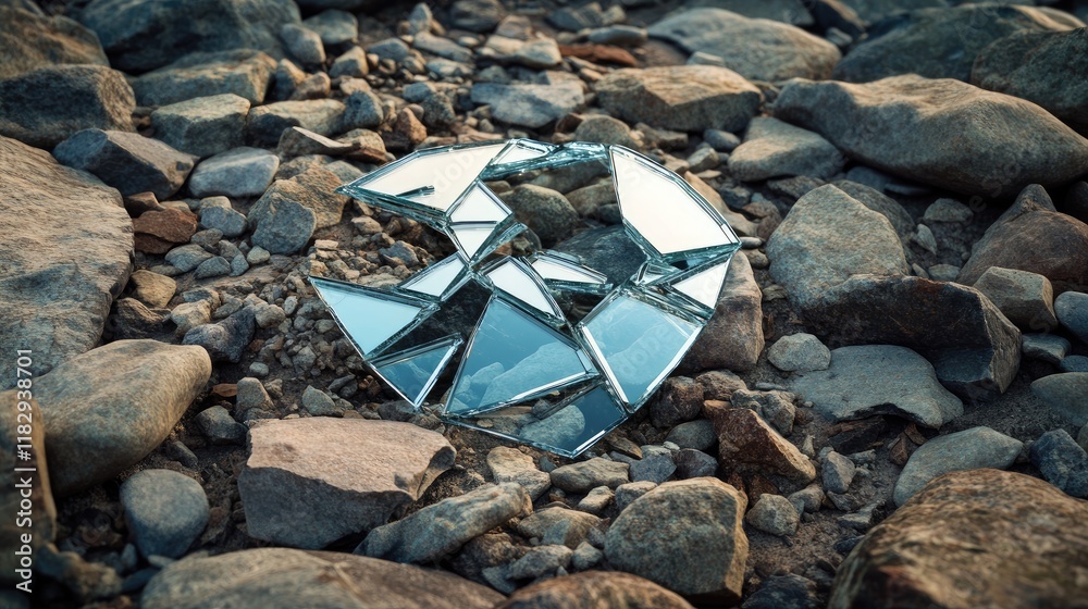 Poster fragments of a shattered mirror scattered over rocks, symbolizing the reflective contrast between ma