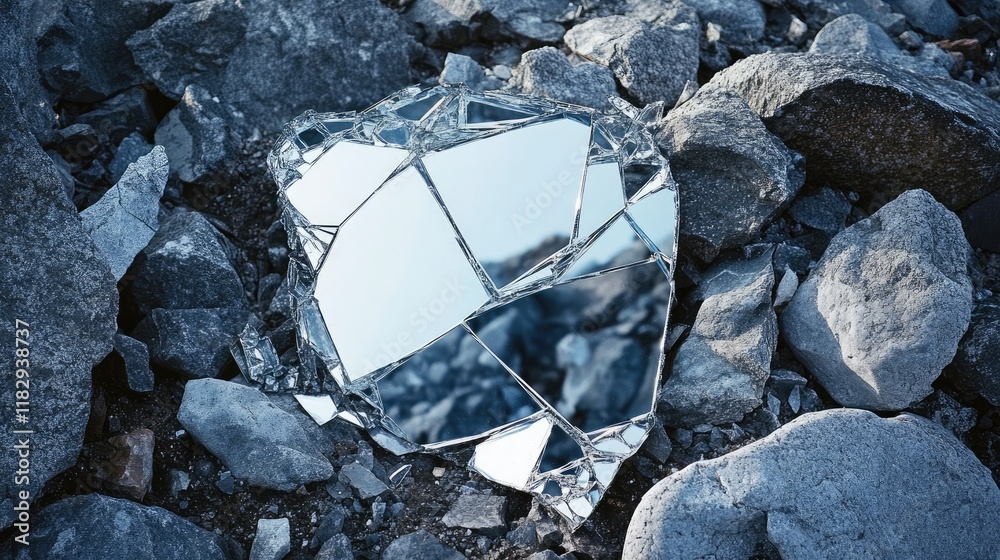 Poster fragments of a shattered mirror scattered over rocks, symbolizing the reflective contrast between ma