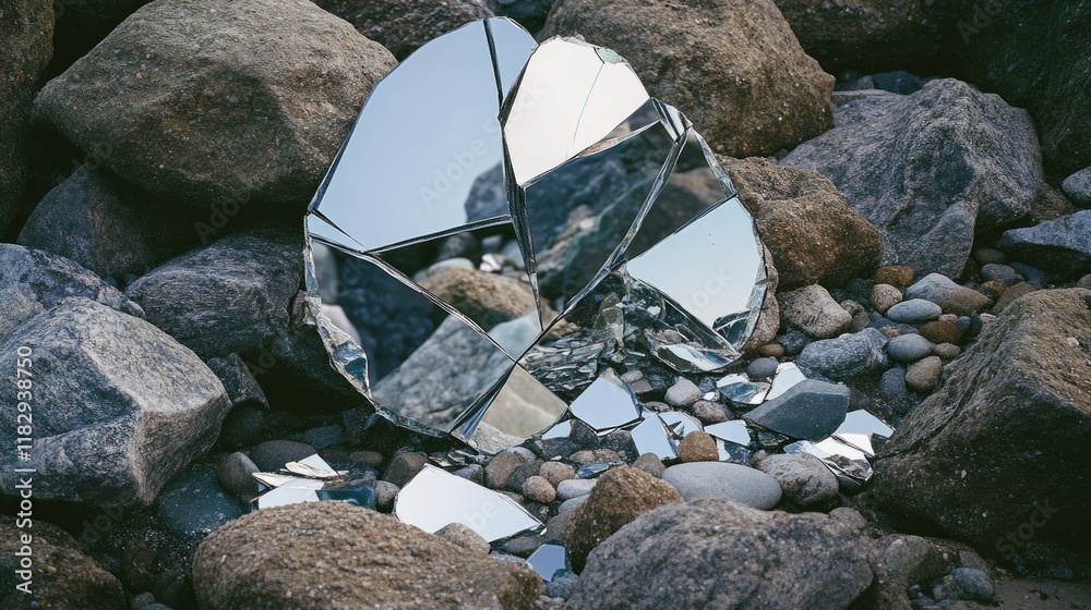 Poster fragments of a shattered mirror scattered over rocks, symbolizing the reflective contrast between ma