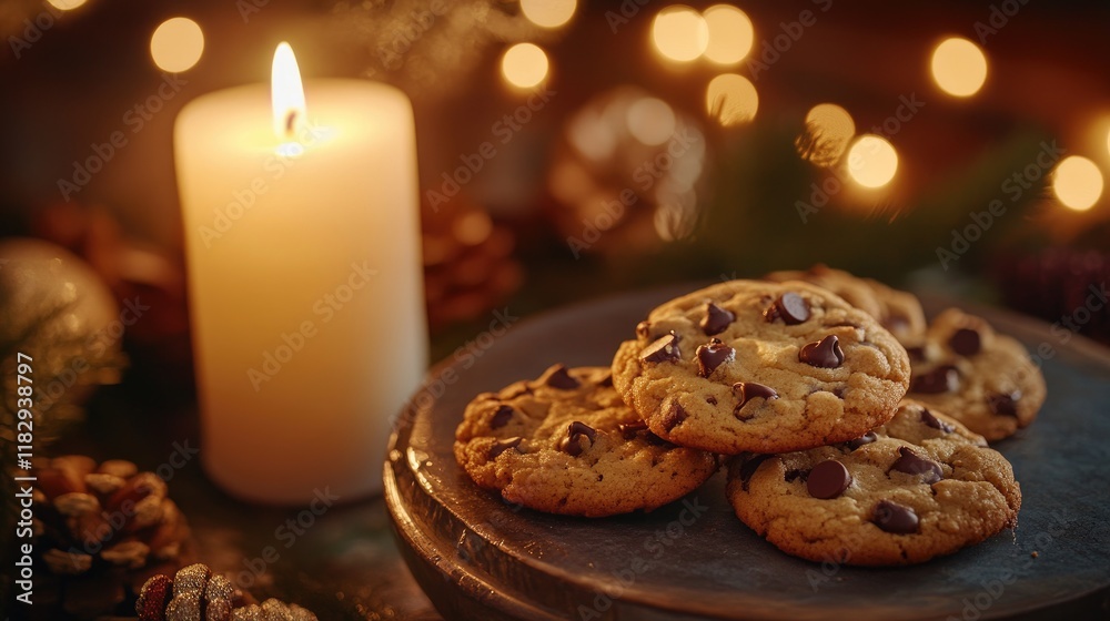 Poster freshly baked chocolate chip cookies on a table with a lit candle, creating a perfect cozy and festi