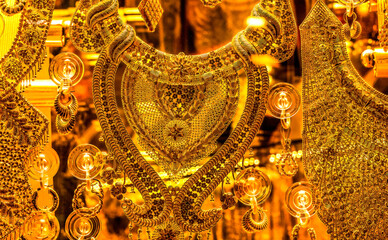 Colorful golden jewelry ornaments, Grand Bazaar, Istanbul, Turkey. Grand Bazaar is the heart of the gold and foreign exchange in Turkey. Good place to buy gold.