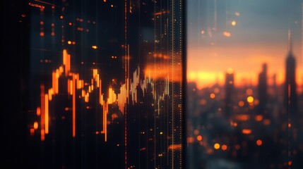 Financial Market Data Visualization at Sunset Over Cityscape