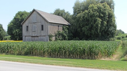 Obraz premium Rustic Wooden Barn in Summer Cornfield Landscape