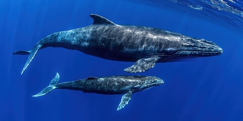 Fototapeta premium A majestic blue whale swimming alongside its calf in the open ocean,