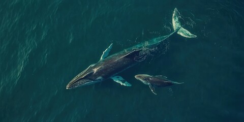Fototapeta premium A majestic blue whale swimming alongside its calf in the open ocean,