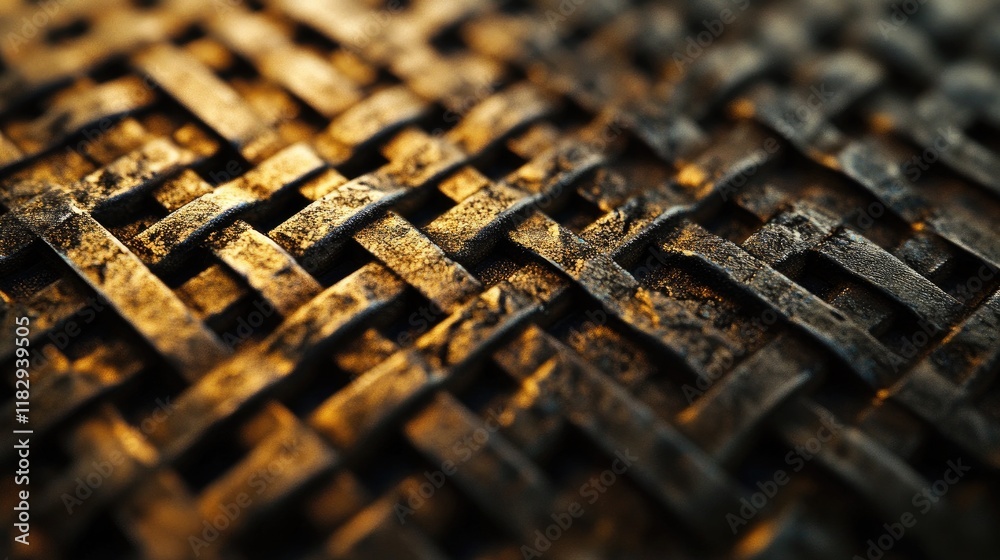 Poster Macro shot of a metallic grid with intricate textures, bathed in dramatic lighting that highlights its geometric details.