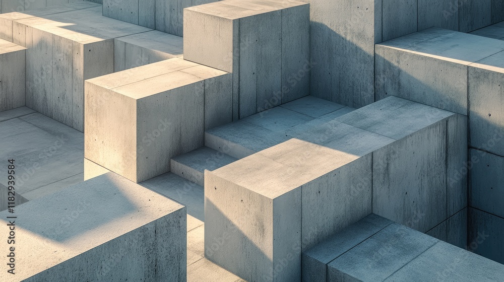 Poster Minimalist concrete cubes arranged in an abstract design, with the light casting long, defined shadows, creating a striking geometric scene.