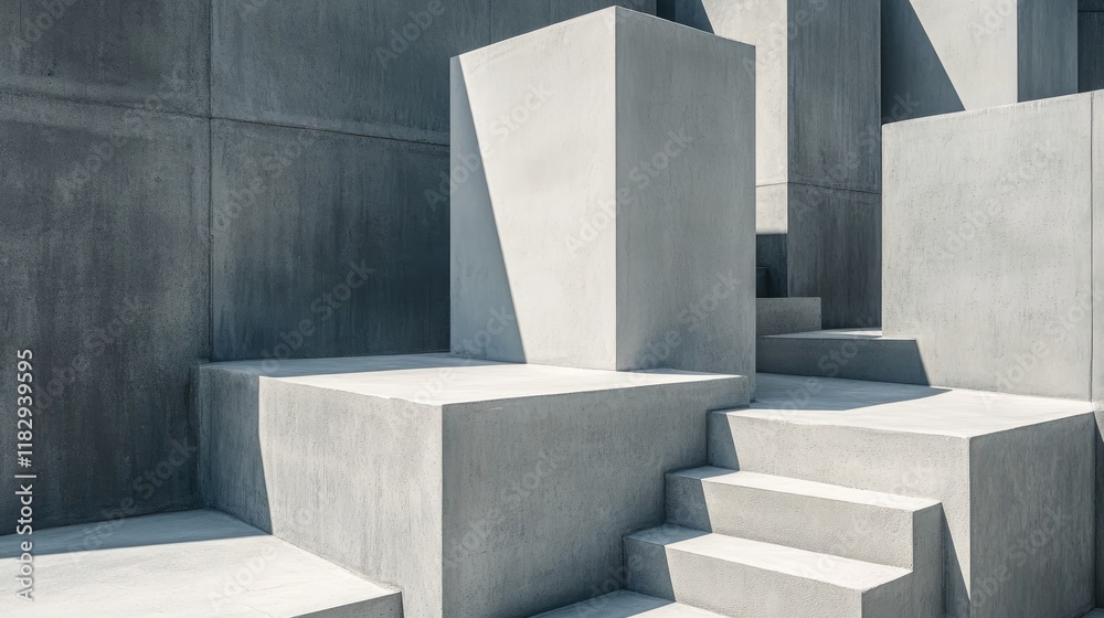 Poster minimalist concrete cubes arranged in an abstract design, with the light casting long, defined shado