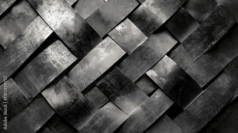 Poster Monochrome woven metallic strips arranged in an abstract pattern, creating a sleek and minimalist design with a focus on form and texture.