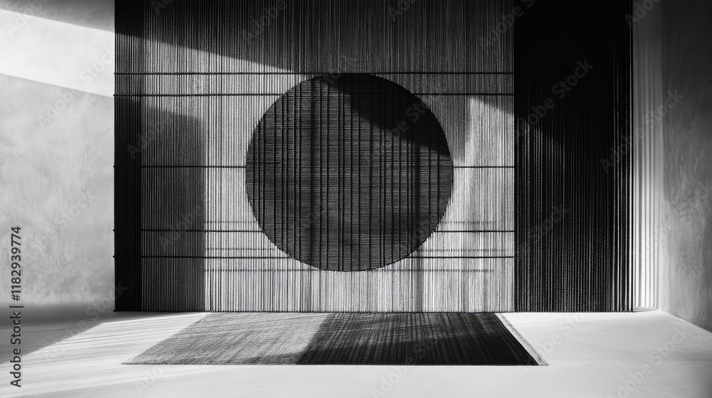 Poster Monochrome woven metallic strips arranged in an abstract pattern, creating a sleek and minimalist design with a focus on form and texture.