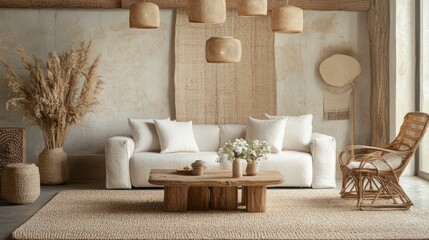 Rustic living room, neutral decor,  natural light, pampas grass, interior design