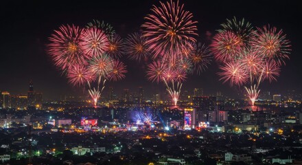Celestial Symphony: Nighttime skyline illuminated by a dazzling display of fireworks, a mesmerizing blend of light and shadow across the cityscape.