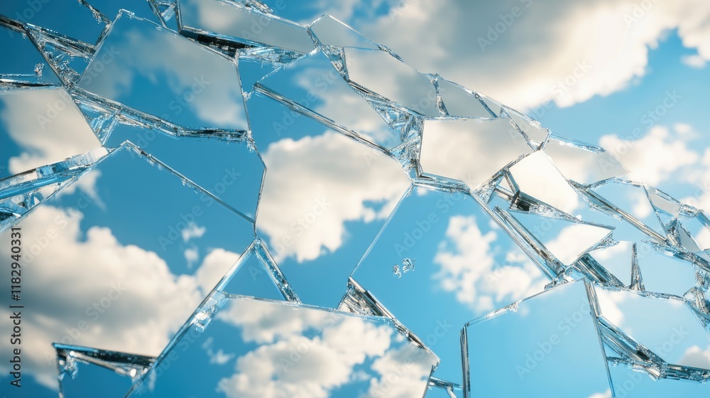 Poster shattered mirror fragments scattered on a white surface, reflecting the blue sky and clouds, creatin