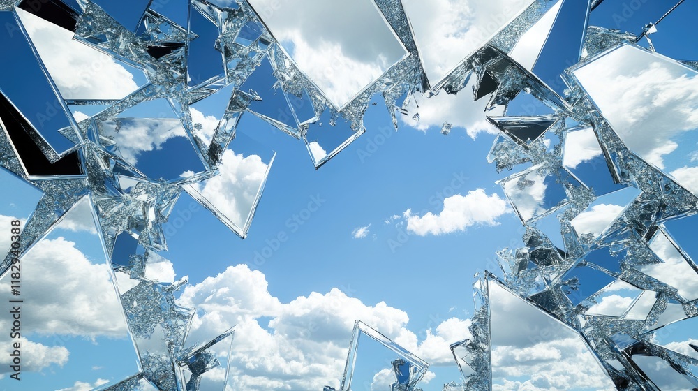 Aufkleber shattered mirror fragments scattered on a white surface, reflecting the blue sky and clouds, creatin