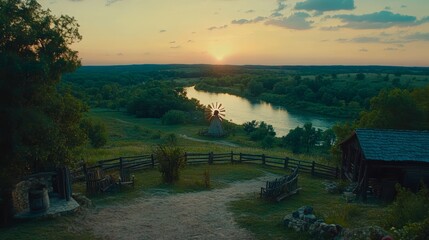 Fototapeta premium Scenic River Valley Sunset with Rustic Windmill