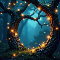 Sparkling fairy lights adorn twisted tree branches, twinkling, mystical, magical