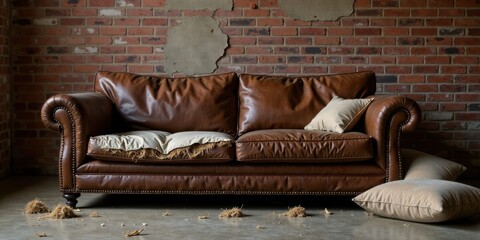 A well-worn brown leather sofa with distressed cushions sits against a rustic brick wall.