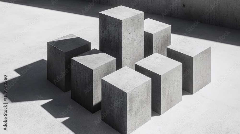Poster Simple, abstract geometric setup of concrete cubes in perfect alignment, casting dramatic shadows on a plain background.