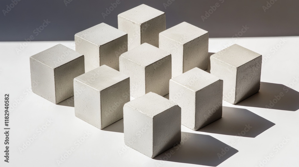 Aufkleber simple, abstract geometric setup of concrete cubes in perfect alignment, casting dramatic shadows on