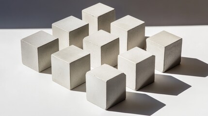 Obraz premium Simple, abstract geometric setup of concrete cubes in perfect alignment, casting dramatic shadows on a plain background.