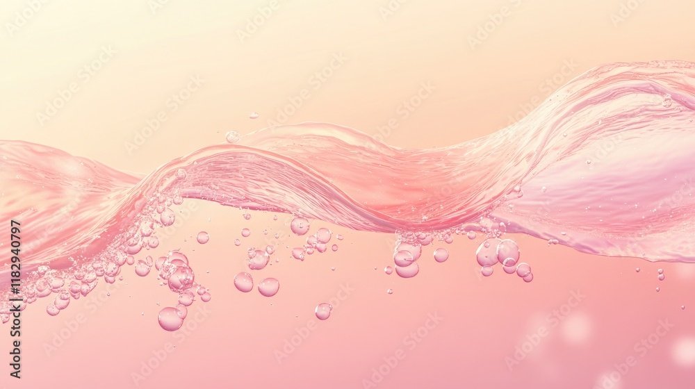 Poster soft, transparent liquid waves with bubbles delicately rising in a dreamy, pastel-colored gradient b