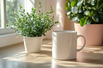 Minimalist white mug on clean desk with ficus plant in soft natural light for Scandinavian interior design mockup