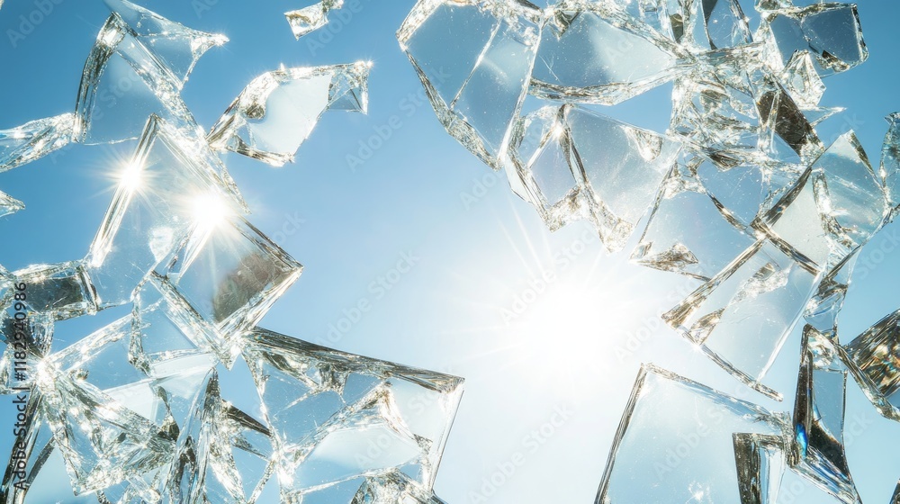 Poster Sunlight gleams off shattered glass shards, creating a shimmering effect against the backdrop of a clear blue sky, showcasing abstract beauty.
