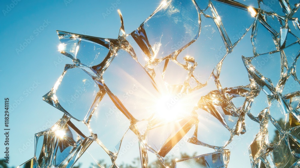 Poster Sunlight gleams off shattered glass shards, creating a shimmering effect against the backdrop of a clear blue sky, showcasing abstract beauty.