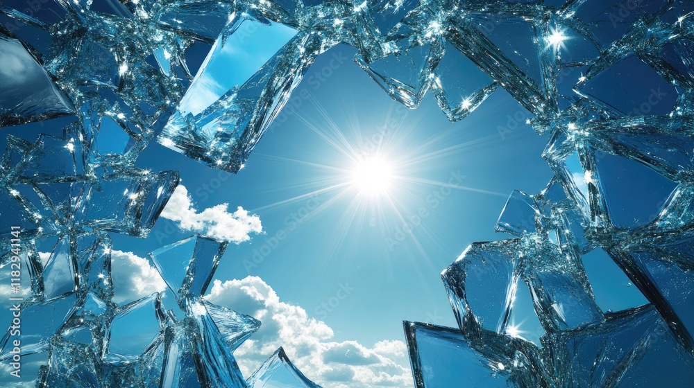 Poster Sunlight reflects off the edges of broken glass shards, creating a dazzling effect against the expansive blue sky, evoking a sense of contrast.