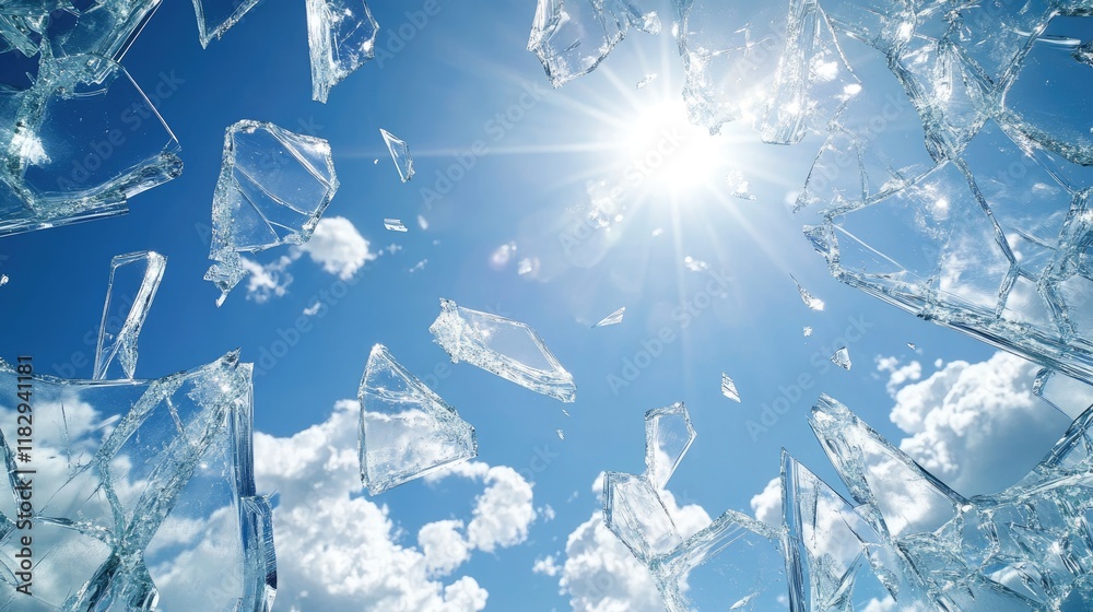 Poster Sunlight reflects off the edges of broken glass shards, creating a dazzling effect against the expansive blue sky, evoking a sense of contrast.