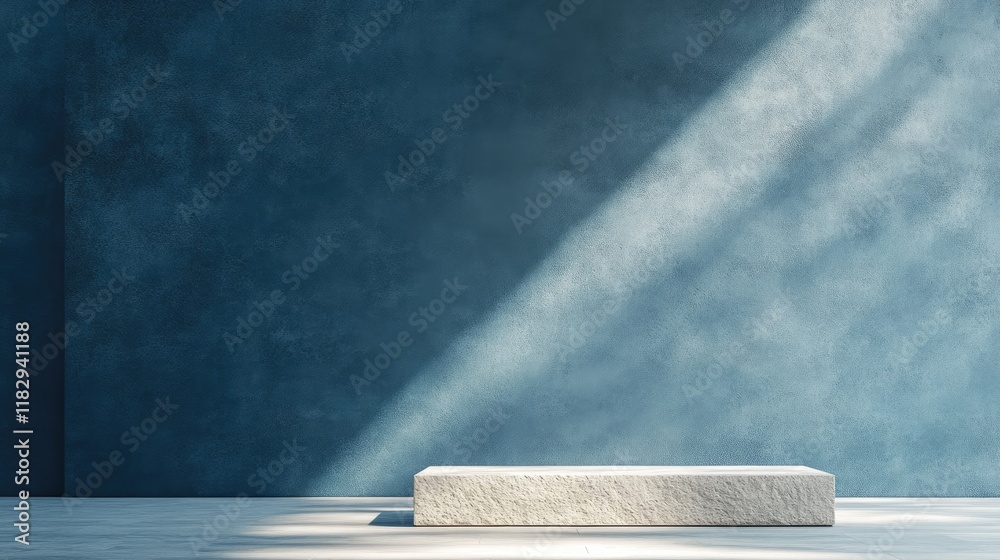 Poster sunlight streaming onto a minimalist blue wall with a stone base, creating a peaceful and modern atm