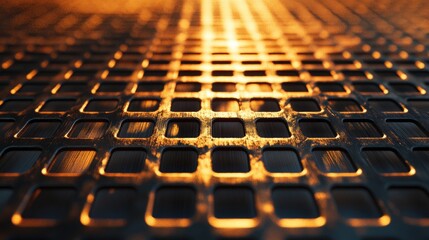 Obraz premium Textured metallic grid in a macro shot, with light casting dramatic shadows, creating an industrial, modern aesthetic.