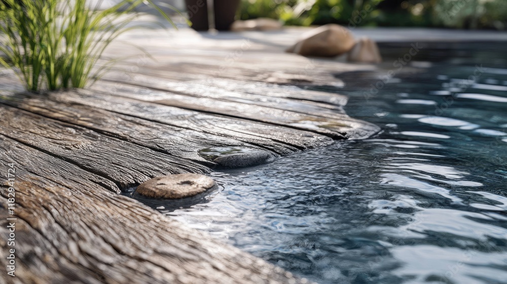 Poster the gentle ripples on a weathered wooden surface in an outdoor rustic setting, creating a peaceful a