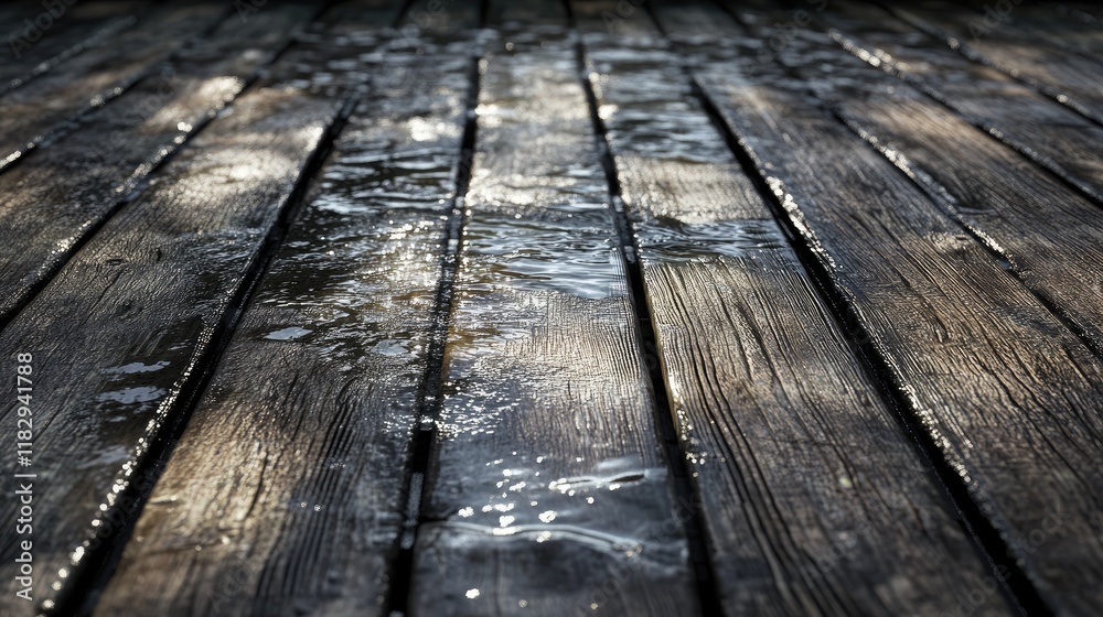 Poster the gentle ripples on a weathered wooden surface in an outdoor rustic setting, creating a peaceful a