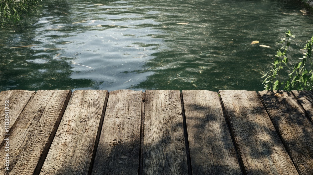 Poster the gentle ripples on a weathered wooden surface in an outdoor rustic setting, creating a peaceful a